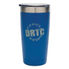 Blue 20 oz tumbler with DRTC's longitude & latitude coordinates.