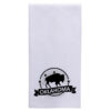 Folded white tea towel with an imprint at the bottom showing a buffalo in the middle of a circle with five stars forming an arch slightly above the buffalo. Banner below reads "Oklahoma."