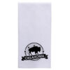 Folded white tea towel with an imprint at the bottom showing a buffalo in the middle of a circle with five stars forming an arch slightly above the buffalo. Banner below reads "Oklahoma."