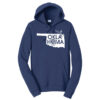 Navy hoodie with the shape of Oklahoma design on chest. Graphic design also says "Oklahoma" where the second "o" is the state shield. Also features a scissor tailed flycatcher.