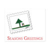 Front cover of "Gifting You" holiday card featuring a holiday tree and present set in a stamp graphic design. "Seasons Greetings"