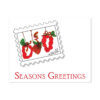 Three red wreaths set in a stamp graphic. "Seasons Greetings."